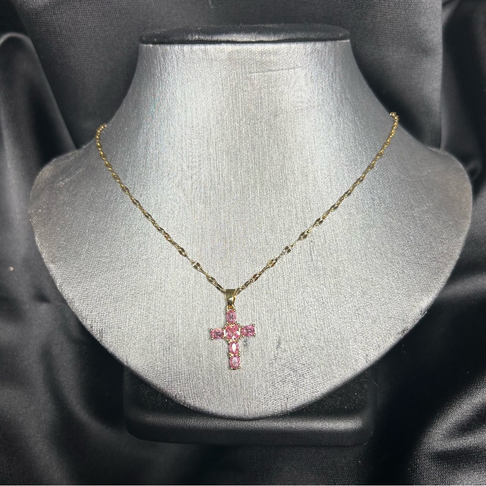 Gold and Pink Cross Pendant Necklace